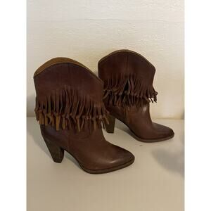 ZODIAC Womens Brown Fringed Donna Toe Stacked Heel Leather Cowboy Boots 8.5